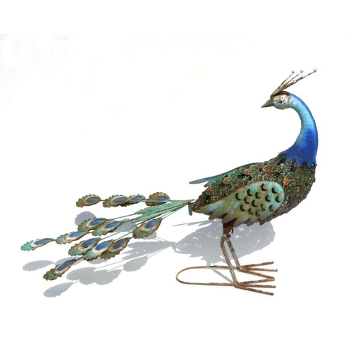 23 - Two painted metal garden peacocks, the largest 73cms long (2).