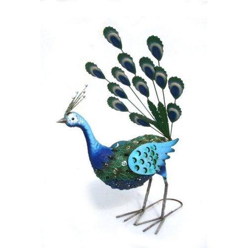 23 - Two painted metal garden peacocks, the largest 73cms long (2).