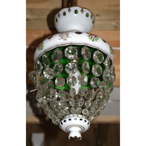 263 - A Victorian opaque glass ceiling light with prismatic glass drops.