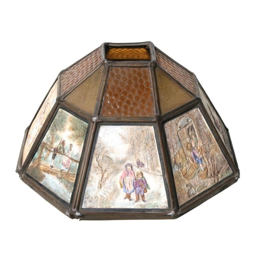 264 - A brass mounted coloured glass ceiling light with coloured KPM porcelain panels, 36cms diameter.