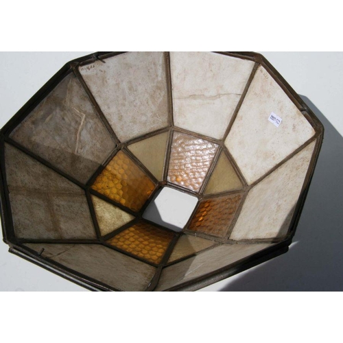 264 - A brass mounted coloured glass ceiling light with coloured KPM porcelain panels, 36cms diameter.