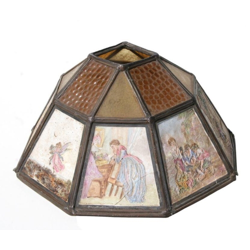 264 - A brass mounted coloured glass ceiling light with coloured KPM porcelain panels, 36cms diameter.