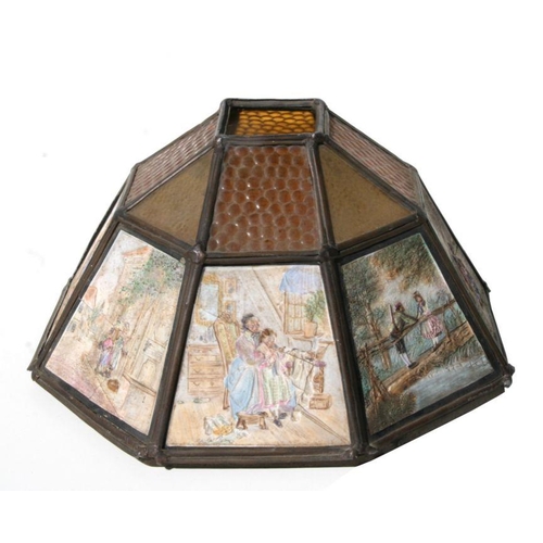 264 - A brass mounted coloured glass ceiling light with coloured KPM porcelain panels, 36cms diameter.