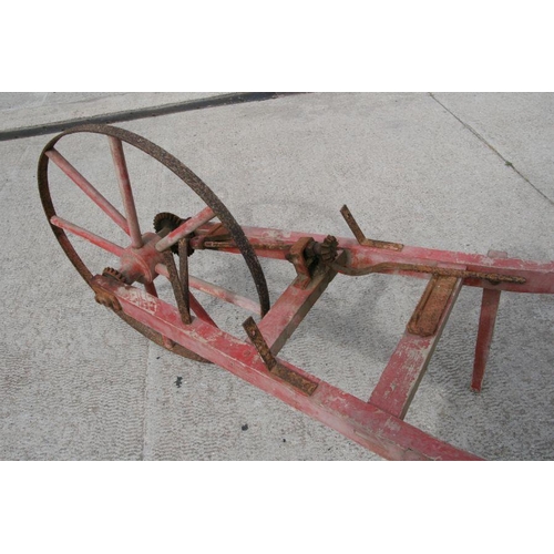 29 - A vintage agricultural blue painted wooden seed barrow, 362cms long.