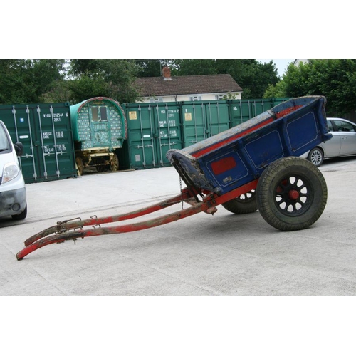 3 - A traditional horse drawn tipping cart with painted decoration, artillery type wheels, wooden shafts... 