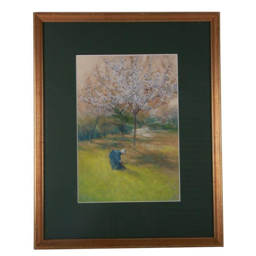 310 - A Post Impressionist style landscape scene depicting a young girl picking flowers below a blossoming... 