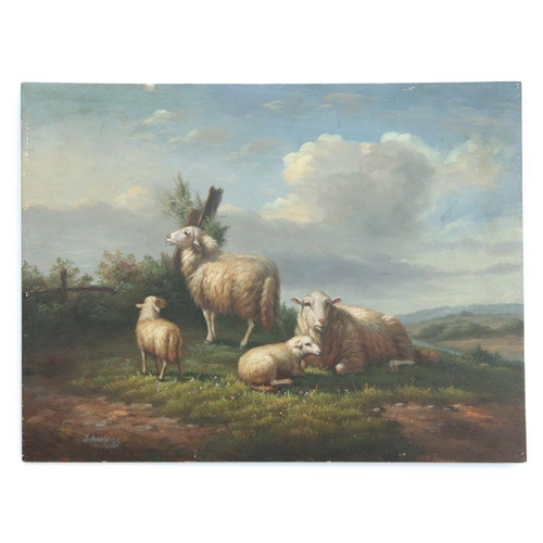 334 - English school - Two Ewes and Lambs in a Landscape - oil on panel, signed Johnson lower left, 40 by ... 