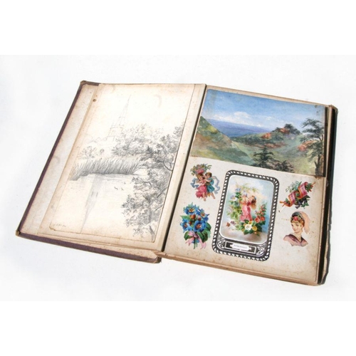 46 - A Victorian scrap album containing various watercolours of subjects to include landscapes, botanical... 