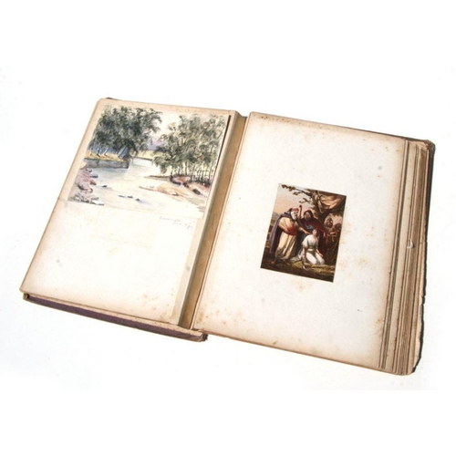 46 - A Victorian scrap album containing various watercolours of subjects to include landscapes, botanical... 