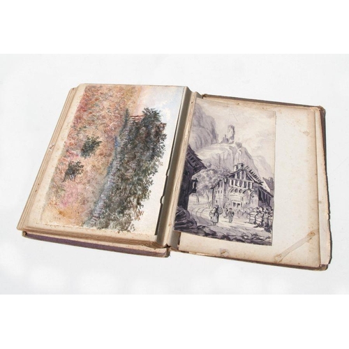 46 - A Victorian scrap album containing various watercolours of subjects to include landscapes, botanical... 