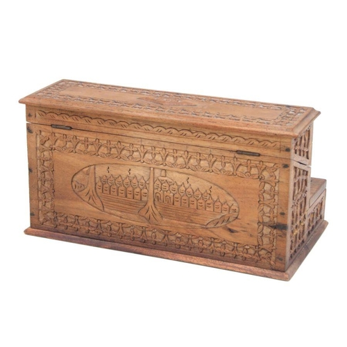 480 - A carved hardwood table top stamp box, 25cms wide.