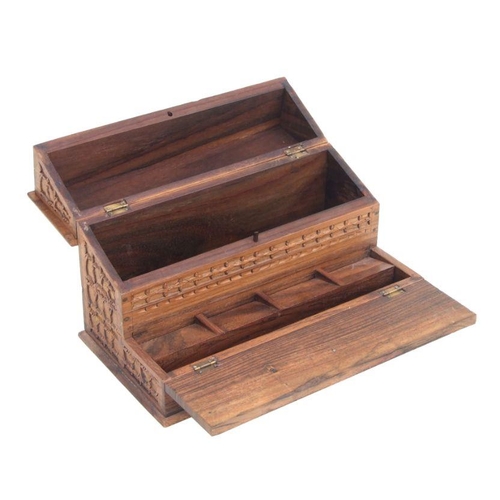 480 - A carved hardwood table top stamp box, 25cms wide.