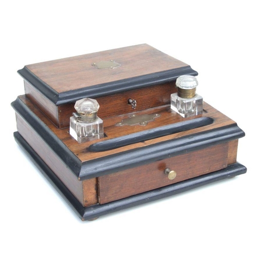 481 - An Edwardian desk top stationery box, the lift-up top enclosing a fitted interior, with two glass in... 