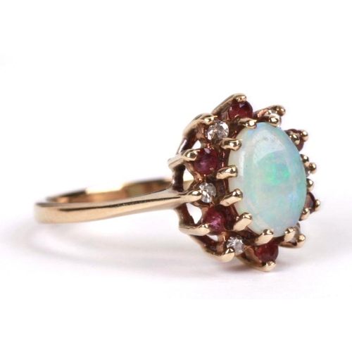 766 - A 9ct gold opal, ruby and diamond cluster ring, approx UK size 'N', 2.5g.