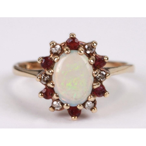 766 - A 9ct gold opal, ruby and diamond cluster ring, approx UK size 'N', 2.5g.