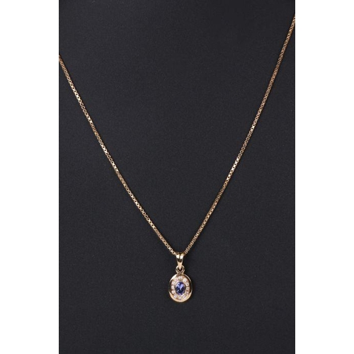 768 - A 9ct gold amethyst and diamond pendant on a 925 gold plated box link chain.