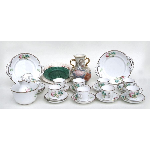 78 - A 19th century hand painted part tea set decorated with roses; together with a Wedgwood majolica gre... 