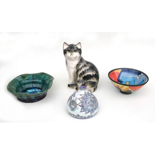 93 - A group of Studio pottery to include a Babbacombe pottery seated cat, 30cms high; a pair of George O... 