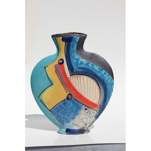 107 - A modern British Studio pottery vase with coloured abstract design, monogrammed, possibly for Robert... 