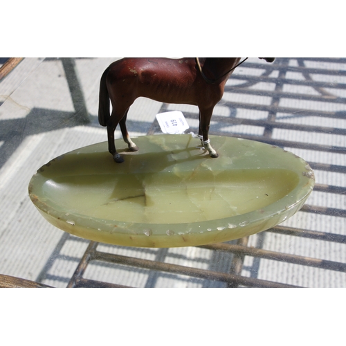 419 - A large Austrian cold painted bronze horse mounted on a green onyx ashtray base, makers mark to unde... 