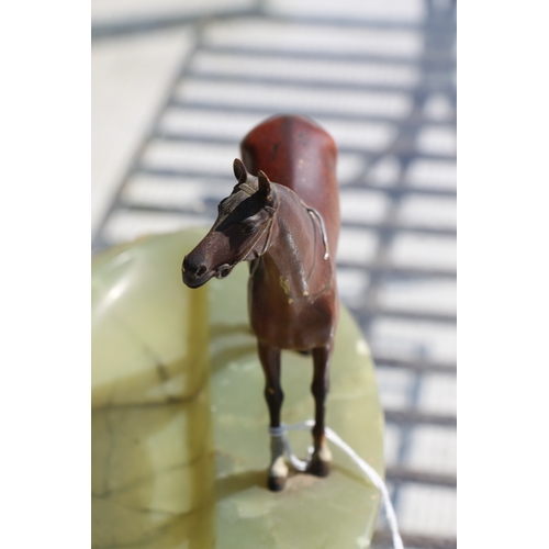 419 - A large Austrian cold painted bronze horse mounted on a green onyx ashtray base, makers mark to unde... 