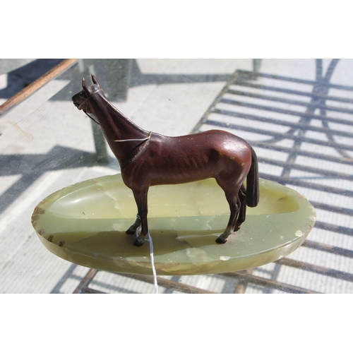 419 - A large Austrian cold painted bronze horse mounted on a green onyx ashtray base, makers mark to unde... 