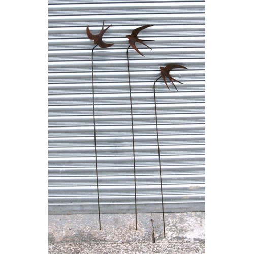 11 - A set of three iron flying swallow garden stakes (3).