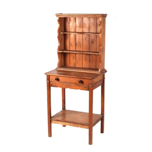 698 - A miniature pine dresser with two-tier plate rack above a single frieze drawer, on tapering square l... 