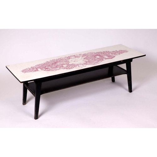 700 - A mid 20th century design two tier coffee table, the top decorated a flower seller. 115cm wide