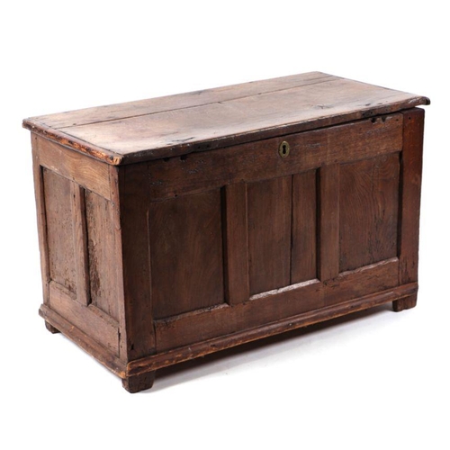 1000 - An 18th century oak coffer of small proportions with panelled sides, 90cms wide.