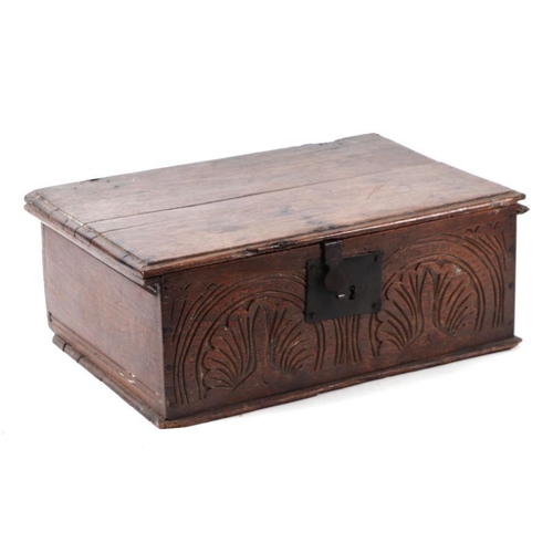 1001 - An 18th century oak bible box carved decoration, 66cms wide.