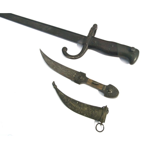 112 - A WWI bayonet, 64cms long; together with a Kashmiri dagger and scabbard with bone handle, 23cms long... 