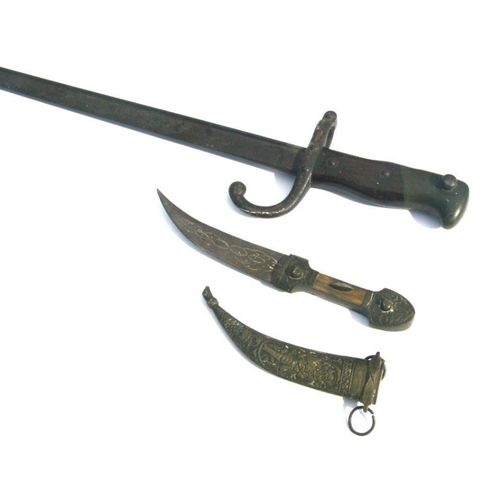 112 - A WWI bayonet, 64cms long; together with a Kashmiri dagger and scabbard with bone handle, 23cms long... 