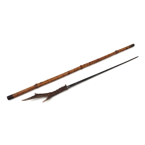 137 - A bamboo shafted sword stick with a 47cms (18.5ins) square section blade and stag horn handle. Maker... 