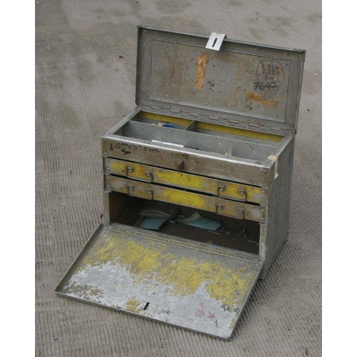 14 - A mid century aluminium mechanics tool box, the fall front revealing two trays, 49cms wide; together... 