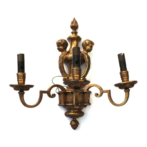 149 - Two of cast brass rococo style wall lights, one two arm the other three arm. 45cms high (2).