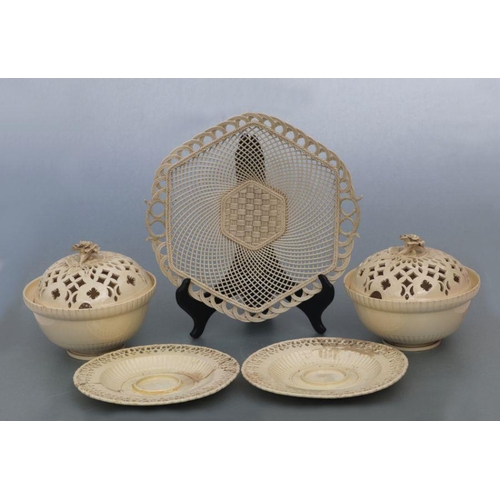 345 - A Belleek porcelain lattice work shallow dish, 25cms diameter; together with Leeds creamware style r... 