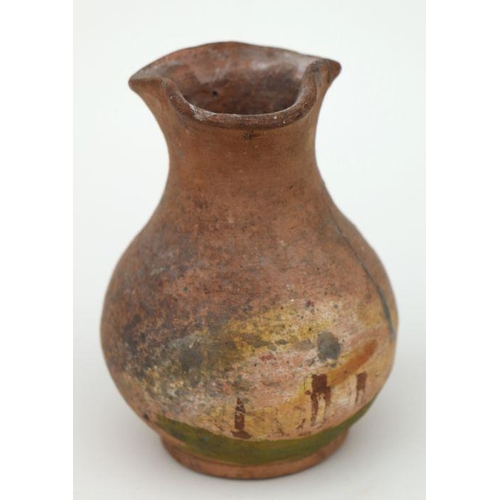 346 - A Verwood type pottery vase with pinched rim, 12cms high.