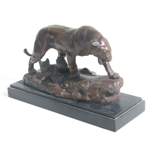 479 - After Charles Valton (1851-1918) a bronze group depicting a lioness and her cubs, signed 'C Valton',... 