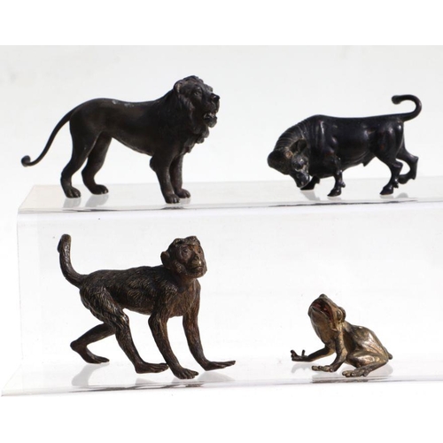 482 - A group of Austrian cold painted bronze animals to include a monkey, 8cms long; a male lion, 11cms l... 