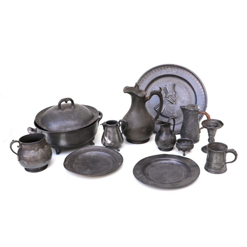 484 - A copper kettle; together with a brass trivet; a pewter tray; other pewter plates and metal wares.