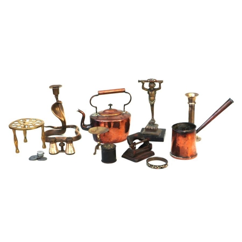 484 - A copper kettle; together with a brass trivet; a pewter tray; other pewter plates and metal wares.