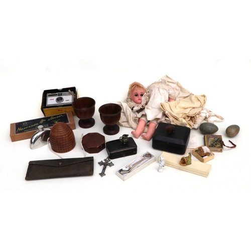 486 - A late 19th century wax headed and composite doll (a/f); together with an oak beehive form string bo... 