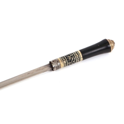 46 - An Indian ebony sword stick, the handle with ebony and bone decoration with silver coloured metal co... 