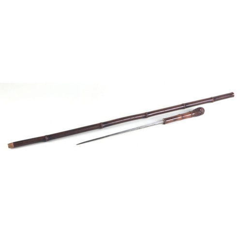 50 - A bamboo sword stick with square tapering steel blade, overall 90cms, blade length 28cms.