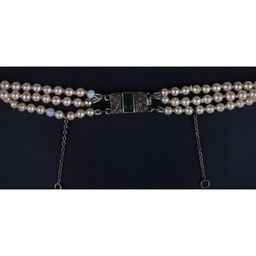 505 - A faux pearl three-string choker necklace with Art Deco style clasp.