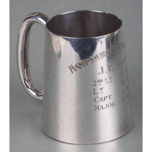 53 - A silver plated tankard with engraved Hampshire (Fortress) RE awarded to Major J. R. Sims, 9cms high... 