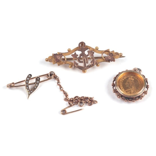 532 - A Victorian 9ct gold brooch decorated with an anchor and heart; together with a 9ct gold bar brooch ... 