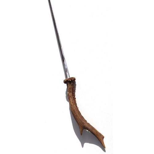 69 - A cane shafted sword stick with a 48cms (19ins) square section blade and a stag horn handle. Makers ... 