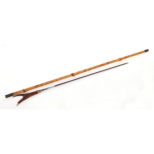 73 - A cane shafted sword stick with a 50cms (19.75ins) square section blade and a stag horn handle. Over... 